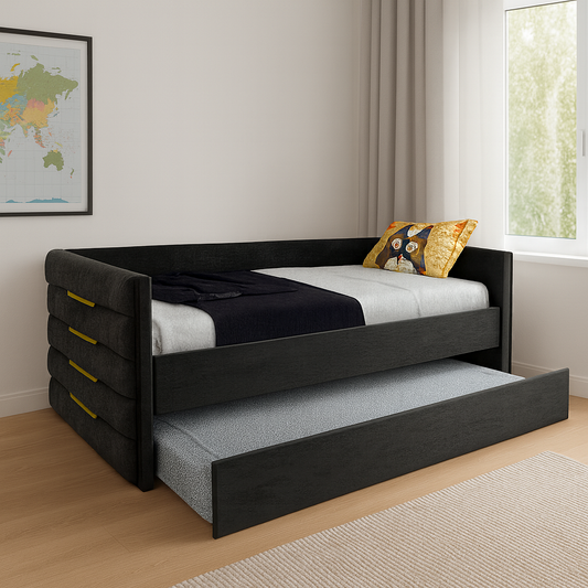 MODERN TWIN SIZE DAYBED WITH TRUNDLE, UPHOLSTERED BLACK VELVET SOFA BED FRAME WITH GOLD ACCENTS, SPACE-SAVING GUEST BED FOR BEDROOM OR LIVING ROOM(OLD SKU:W1867S00004)
