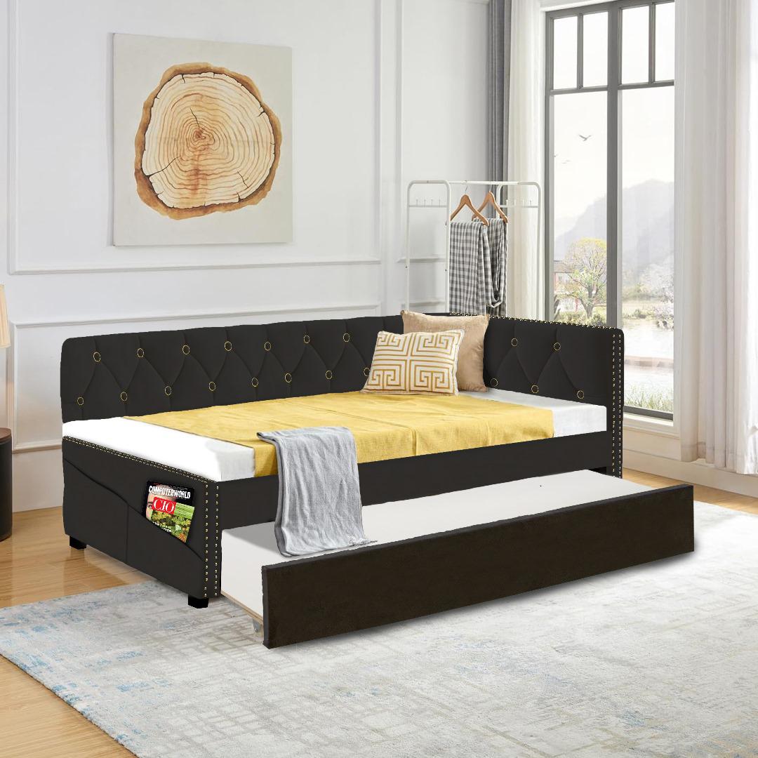 MODERN TWIN SIZE DAYBED WITH TRUNDLE, UPHOLSTERED BLACK VELVET SOFA BED FRAME WITH GOLD ACCENTS, SPACE-SAVING GUEST BED FOR BEDROOM OR LIVING ROOM(OLD SKU:W1867S00004)